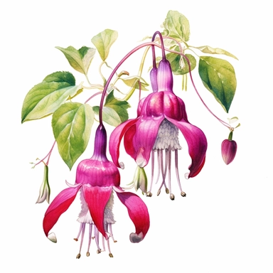 a watercolour painting of a fuchsia flower, in the style of uhd image, dansaekhwa, traditional, flourishing botanicals, exotic, white background, colorful, antique clipart, vibrant intense colors, photorealistic botanical satin drawing in the style of Pierre-Joseph Redoute, white background
