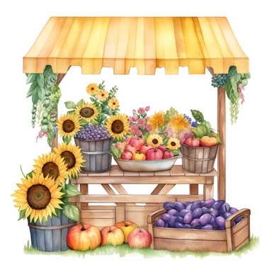 a country farmstand with plenty of fruits and vegetables and decorated with some sunflowers and lavender on top watercolor clipart no fonts no letters no word