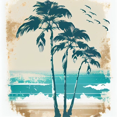 beach palm trees,white border painted clipart poster 50's