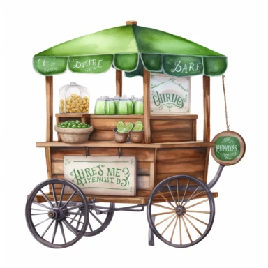 create a beatiful highly deatailed and saturated disney style watercolor clipart image of an old fashion wooden bakery cart selling key lime pies and limeade, with a small decorative wooden chalkboard sign, white background, no text, no font