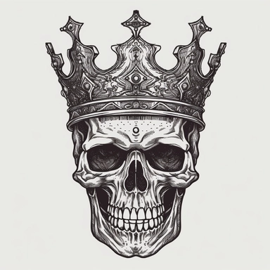 simple vector drawing of a skull with a crown, clipart, flat 2d vector, black and white, white background, svg cut file, line art drawing
