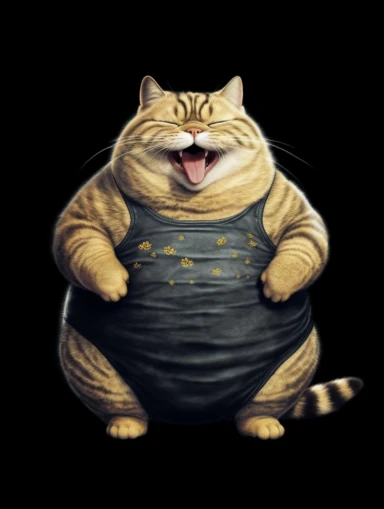 Obese cat with smiley t-shirt. Clipart-style. High detailed. Color contrast. Super-Resolution