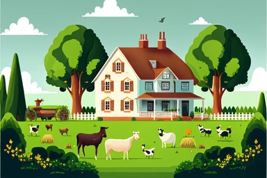 farm house cartoon, farm house with animals, farm house clipart , clipart, hand drawn, farm style, agriculture, green grass farm house, green grass area, farmhouse with agriculture, farm animals , light colors