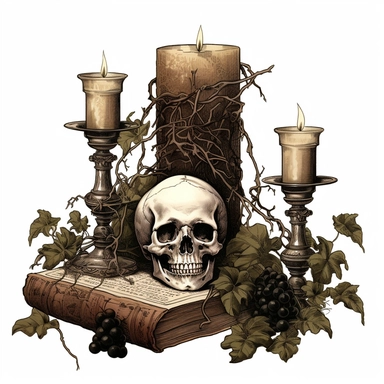 gothic clipart, skulls, books and ivy. goblets, candles