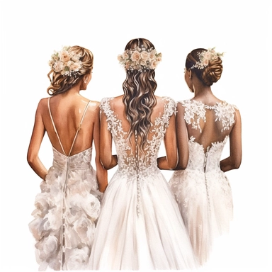 glamour dolce & gabbana half body back shot, watercolor white wedding dress bride wedding black bride hairstyle with beautiful gold headpiece clipart, + two african american bridesmaids in boho dress, hd, isolated on white background, spaced out ar 3:2