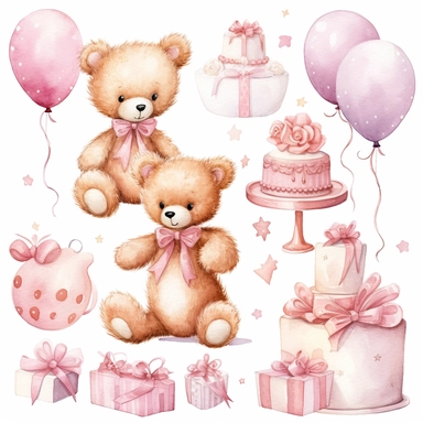 Clipart image, baby girl birthday party, clothes for princess, mix of poses and expressions, cakes, balloon, bear plushies, space out, cute, little princess, white pink inspired, white background