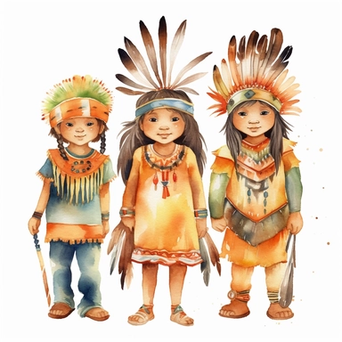 American Indian Kids in watercolor style, clipart, white background