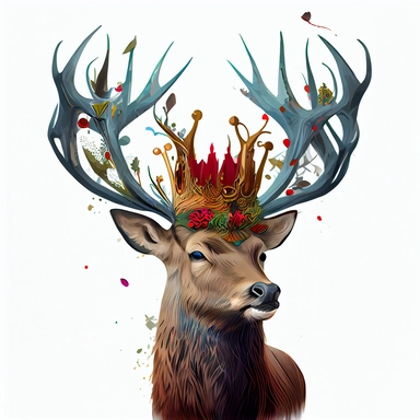 Colorful art of a deer with a crown, clip art, no shadow, white background, hd hdhd, 8k, sharp,