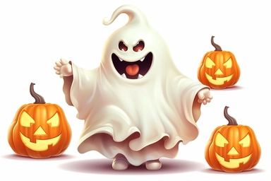 Cute ghost. Happy halloween ghosts characters, spooky expression creature. Funny scary magic demon with pumpkin, mystery creative nowaday vector clipart, realistic, full frame, very detailed