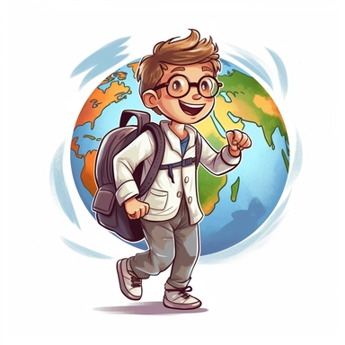 A happy young child with a lab coat exploring a globe with a backpack, vector style graphic, positive vibe, clipart, single design, white background