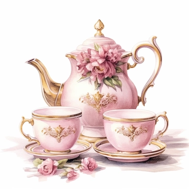An elegant Victorian tea set in shades of pink, featuring a dainty teapot, delicate teacups, and a matching sugar bowl and creamer. The intricate floral patterns and touches of gold add a touch of opulence to your tea party, Clipart, watercolor, white background