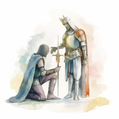 a sacred scene in camelot with a faded fantasy feeling of the king standing over a knight who is kneeling before the king, the king has his sword touching the shoulder of the knight, therefore honoring him with the status os a knight watercolor clipart