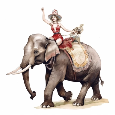hand drawn vintage circus elephant with woman riding, glamorous, soft, detailed and realistic, watercolor, clipart style, white background with margins