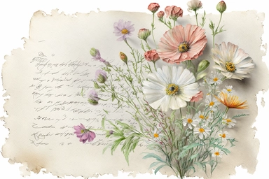 Old page damaged by time with old handwriting and a bouquet of wildflowers, poppy, daisy, watercolor pastel color clipart, soft light, white background