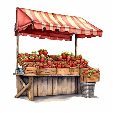 Commercial shot of ultra - realistic watercolor painting of a strawberry stand clipart, aesthetic, good looking food, delicious, yummy, foodie, healthy, white background no text, isolated on white, watercolor illustration, award winning, strong and sharp lines