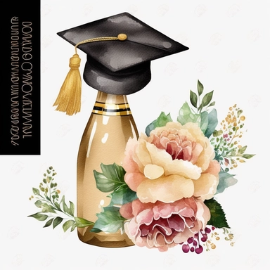 Champagne Bottle Gold Graduation Cap Watercolor College High School Graduation Clipart Flowers Graduate Gift Commercial Use Illustration PNG