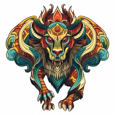 Create a unique clipart of a fierce and intimidating chimera with a multi-patterned body. The chimera should feature a blend of animal features, such as lion's head, goat's horns, and snake's tail, all rendered in a cartoon style. Let the colors and patterns speak to the imagination of the viewer, and make sure they are vibrant and bold. Place the chimera against a plain, high-contrasted background to make it stand out and captivate the viewer's attention.