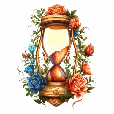 Clipart, A charming hourglass nestled amidst flowers, isolated on a white background with a wide margin