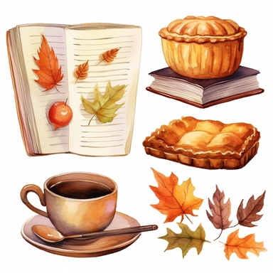 A ultrarealistic watercolor illustration of a book, cozy sweater, leaves, pumpkin pie and cup of tea or coffee, Cute autumn vector clipart, in the style of realistic watercolor paintings, terracotta colors, bloomcore, high resolution, , style by Lucy Fleming, watercolor, smooth gradients, black contour outline, ultra detailed, clipart elements, delicate pastel colors, solid white background, super clear, high quality