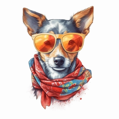 cute puppy female wearing bandana and sunglasses drawn in watercolor, vector design, cutout,Sublimation Clipart ,Cartoon,hyper realistic, intricate detail, illustration style,high solution,on the white background
