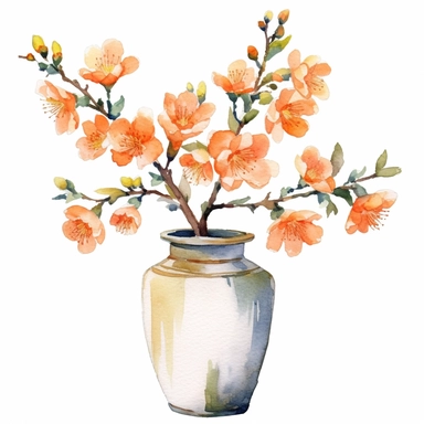 a watercolor clipart of a vase of apricot flowers, white background