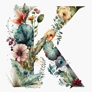 Watercolor botanical flower letter K, clipart, colorful, white background