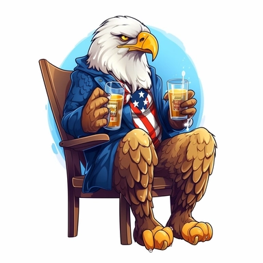 bald eagle sitting in a chair while holding a beer, cartoon style, clip art, white background