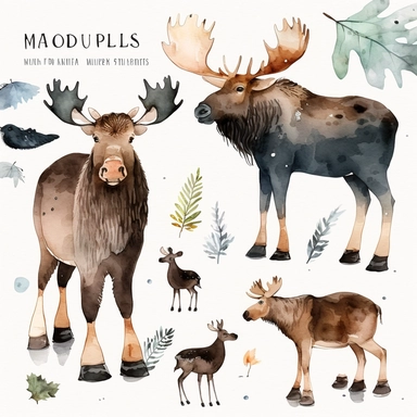 Woodland Animals Clipart Watercolor, cute moose, white background
