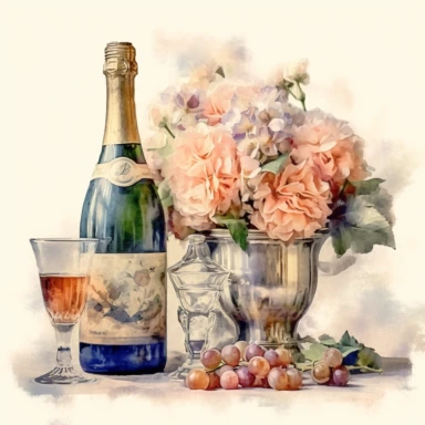 Vintage floral table with a bottle of champagne with glasses, Antiques in the style of dreamy watercolor florals, layered images, oil, Clipart style, bucolic scenes, Victorian flowers, miniaturecore, futuristic Victorian, realistic painting style, high details, Vectorized with white background, 8k,