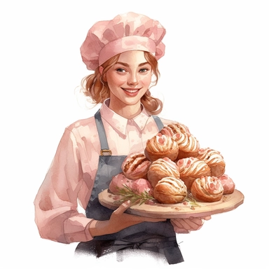 watercolor, hand-drawn illustration style, no background, white margins, 8k, ultra detailed clipart, a pastry chef with light pink accents, expertly creating beautiful and tasty baked goods, disney style
