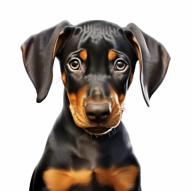 Doberman Pinscher puppy, Clipart, Digital art, realistic, disney style, hyperdetailed, 1080p, Ultra-HD, white background