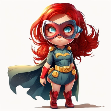 ull body smiley and cute little superhero girl with eye mask and dress, red hair, looking directly ahead, in clipart style