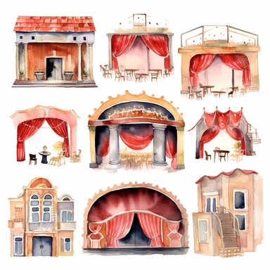 watercolor 1910s 1920s 1930s 1940s theatre stage, illustrations clipart set, simple, , cartoon elements ,different variants ,shows,separate elements with a margin