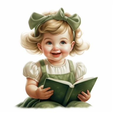 Cute Beautiful Vintage Happy Face Sassy Little Baby Girl Wearing Green Dress Clothes Reading Book Sublimation Clipart ,Cartoon,hyper realistic, intricate detail, illustration style,high solution,on the white background