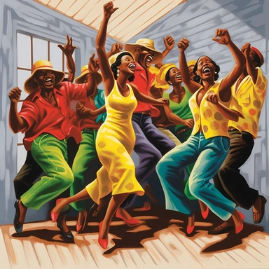 a group of black people dancing, dressed in red, green and yellow, the sugar shack painting style, Ernie Barnes art, juneteeth clipart, white background