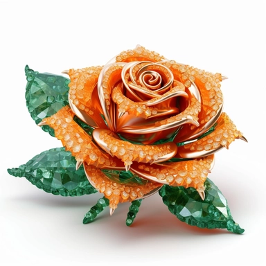 clipart of a realistic rendering of an orange rose made out of pure diamond and emerald on a white background, in the style of extremely detailed, mineral, expensive, 8k