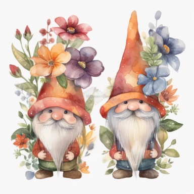 semi-cartoon style hand drawn watercolour clipart set of 2 cute gnomes with large bulbous noses in bright boho colors holding boho style flowers, white background, 300 dpi, high quality digital art suitable for printing, spaced apart
