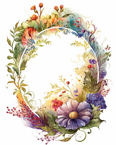 watercolor clipart. boroque flower scene. lush and full of vivid colors. 4k. intricate detail. swirling around center like a border. leave extra white space in the center of the design