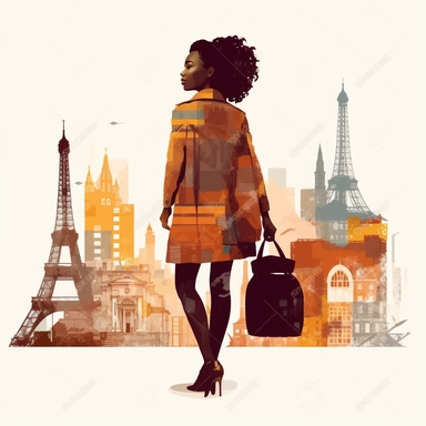 clipart of african american woman traveling through europe. white background