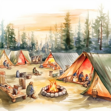 create a hand drawn watercolor clipart depicting campfires surrounded by tents, camping gear, and people enjoying the warmth of the fire, 4k