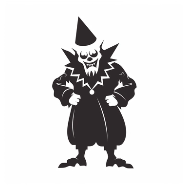 black and white silhouette of a terrifying cartoon halloween clown with sharp teeth, full body, clipart style, white background, thick lines, vector, simple design, flat colour, solid colour, halloweencore