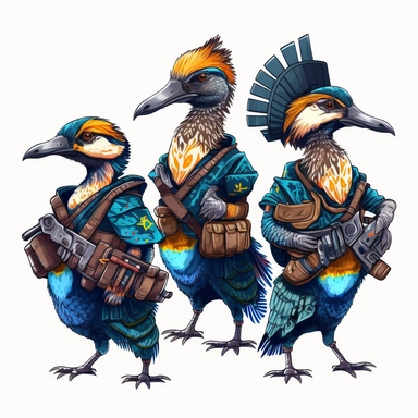 Illustration in boho style, clipart, sublimation drawing Alien wild geese in bulletproof vests and with weapons. Bright colorful colors. White empty background, high quality 8k, quality detail