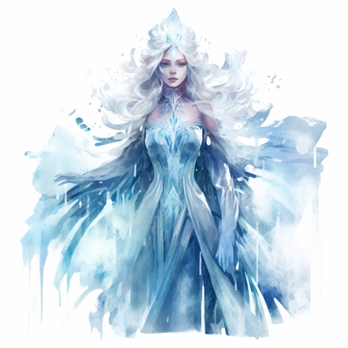 a watercolor clipart with white background of a ice queen with a frosty gown and icy powers, in the style of neon realism, detailed atmospheric portraits, dark and intricate, serene faces, yup'ik art, 2d game art, glowwave, 2d, glowwave, ethereal figures
