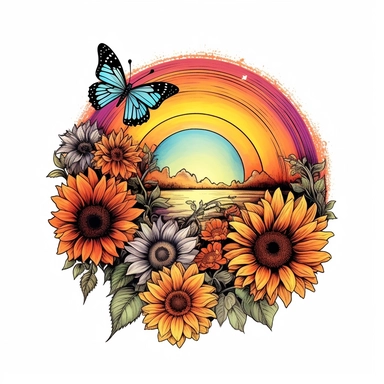 boho colored, rainbow sunset, with sunflowers, and butterflies, classic tattoo motif, clipart on white background, engraved line work, retro, borders