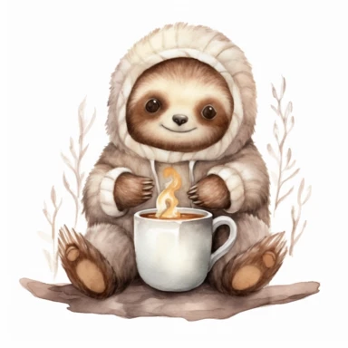 Watercolor 2 Cute sloths, chibi style, full body, sitting in front of the log fire , winter pyjamas, drinking hot coco, watercolor, white background Clipart, single design, single object, watercolor illustration by mark ryden, print on demand image, PNG transparent background, white background for removing background