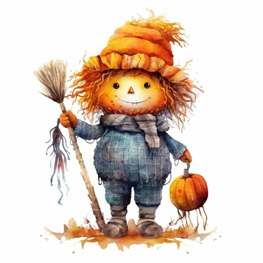 Halloween scarecrow in a pumpkin patch, full color, knitted painting texture, Perfect for nursery art and children's book illustration style, simple, cute, full color, clipart, watercolor illustration, single object, high definition 8k,white background for removing background - - no text shadow font watermark