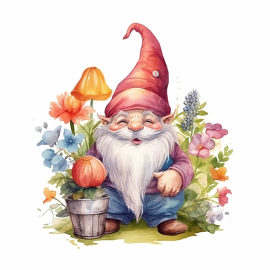 watercolor gentle fantasy mythical garden gnome clipart, hd 4k, detailed, focused, isolated on white background