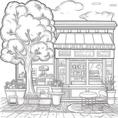 coloring book page, fantasy, bakery windows, clipart, image of cute bakery, coffee shop, simple and cute, tree on the side, little bench in front, with awning, no street, for watercolor painting, clean and simple line art to paint decorative