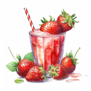 An Strawberry fruit with a straw inserted, as if ready to be juiced or drink, Watercolor, pastels, clipart, beautiful, colourfull, png transparent white background, high resolution, no caption q4 s2