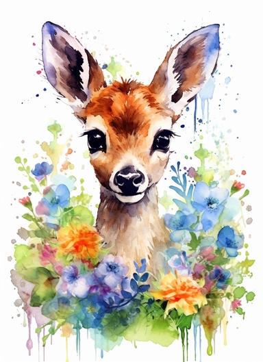 baby deer on a flower field, in the style of 2d game art, nostalgic paintings, 32k uhd, colorful dreamy watercolor scenes, adventure pulp, classical, historical genre scenes, rough-edged 2d animation, watercolor clipart, white background